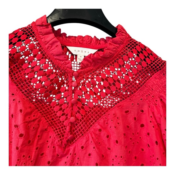 ADIVA Top Womens Medium Red Blouse Ruffle Crochet Puffy arms - Picture 3 of 8